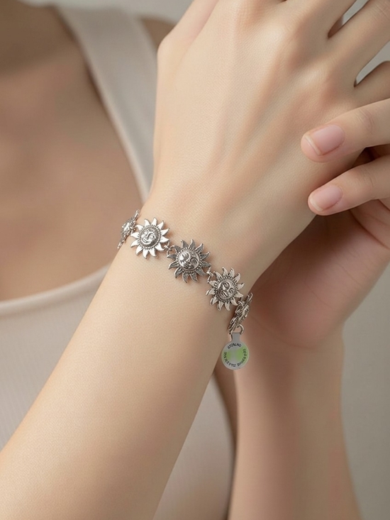 925 Sterling Silver Jewelry - Sunburst Sunflower Link Bracelet in Silver Tone